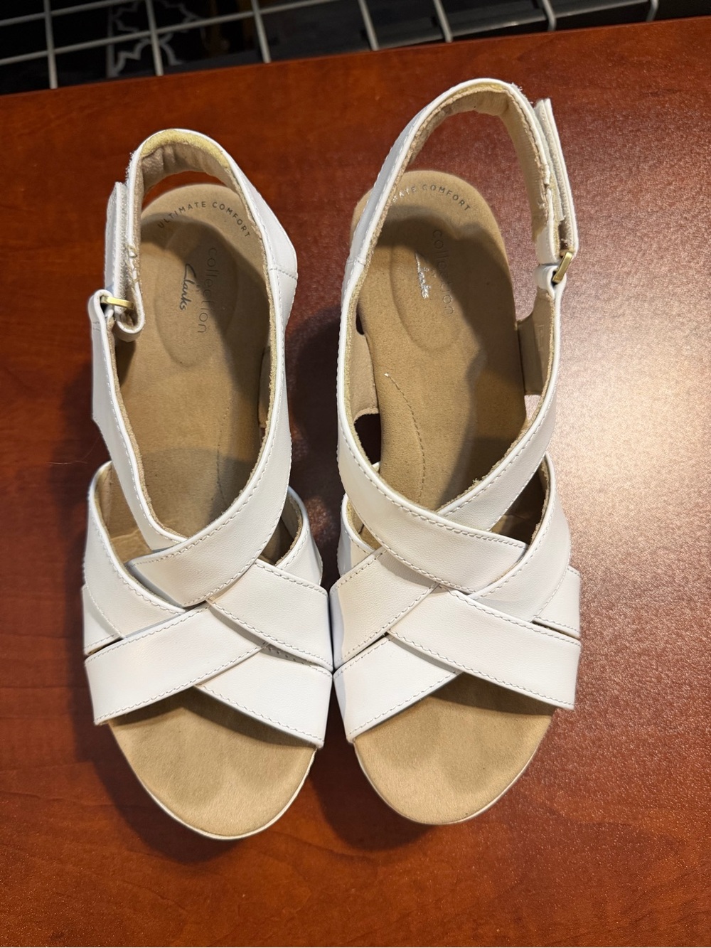 Clarks White Leather Crisscross Wedge Sandals